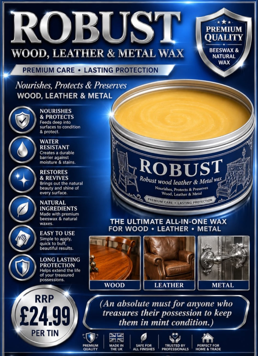 Robust Wood, Leather & Metal Wax - Premium 400g Beeswax & natural wax Polish Restorer for Furniture & Hardware